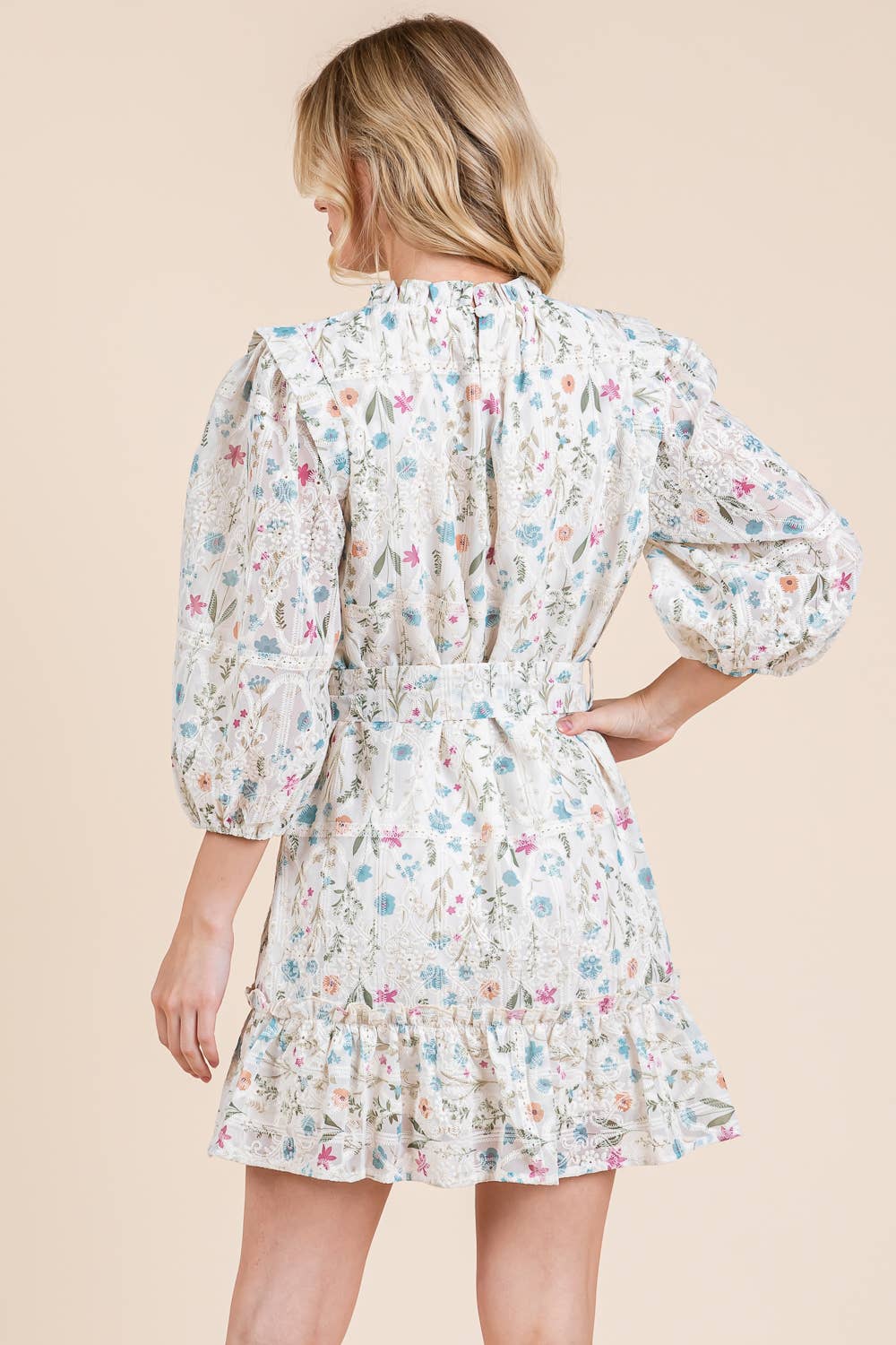 Elisa Floral Eyelet Lace Belted Mini DressIvory Multi