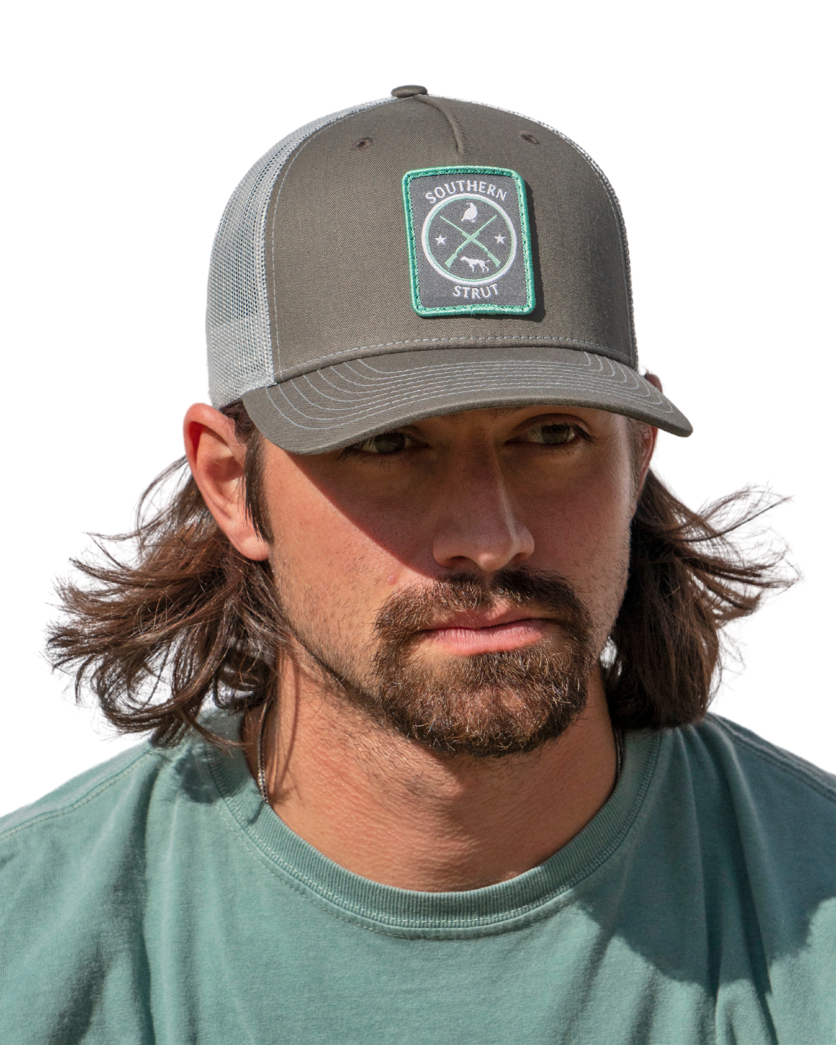 Quail & Pointer Woven Patch Trucker Hat: Heather Grey / White
