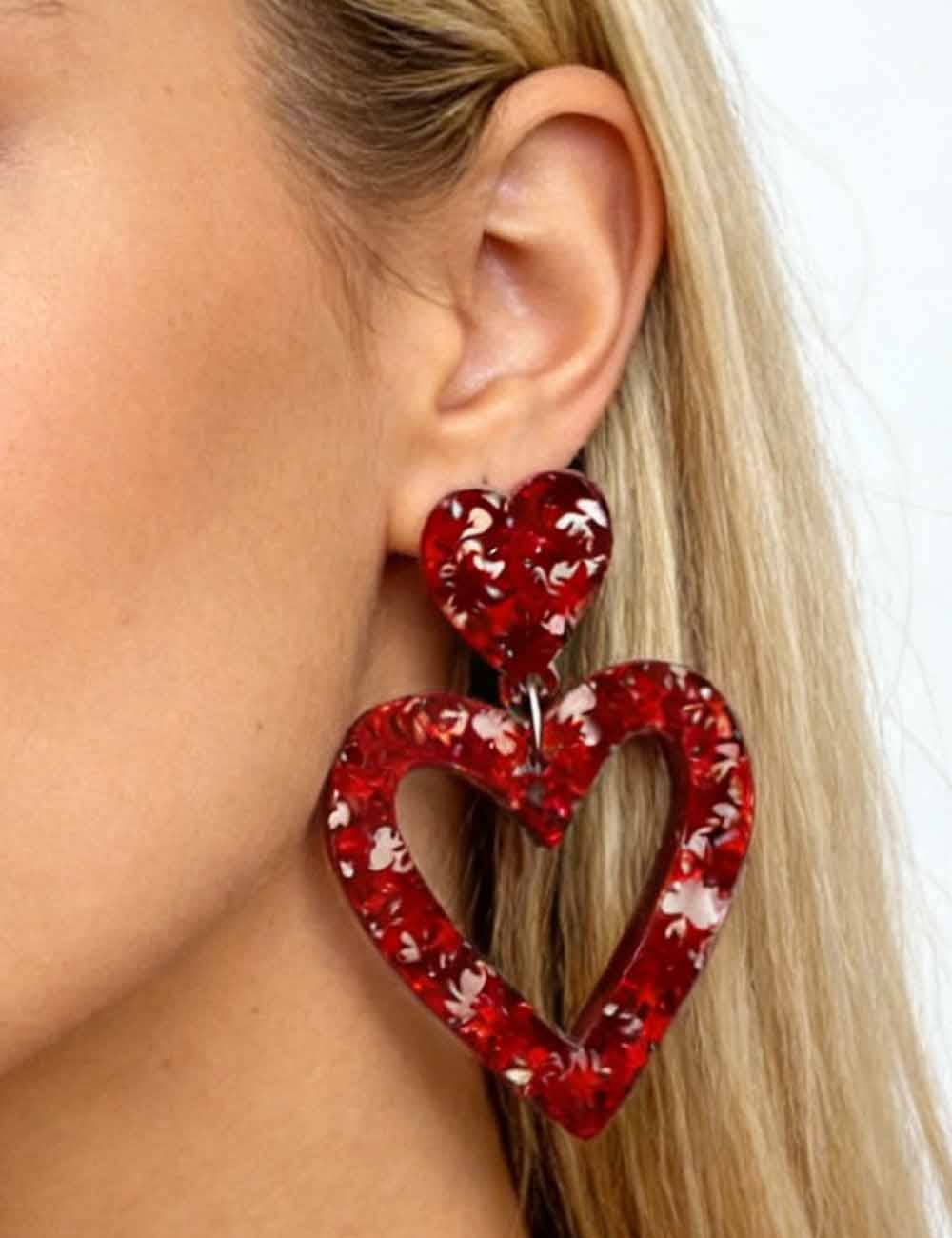 Ladies Valentine's Acrylic Double Heart Hollow Pendant Earrings: Red / One Size