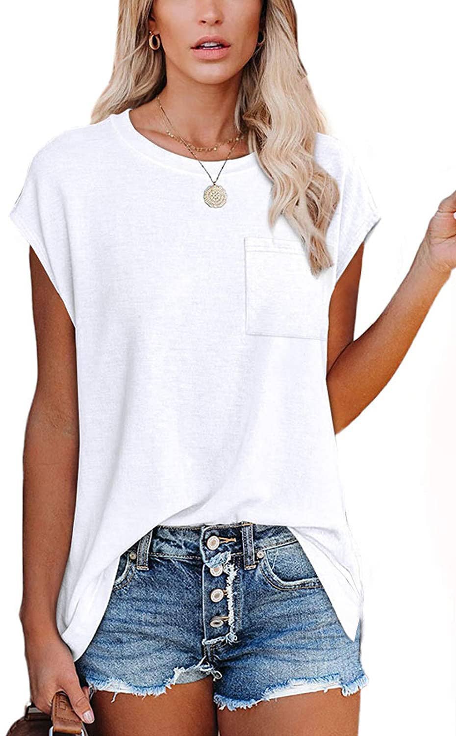 Short Cap Sleeve Shirts Solid Loose Fit Tops: Black / 65%Rayon 30%Polyester 5%Spandex / M