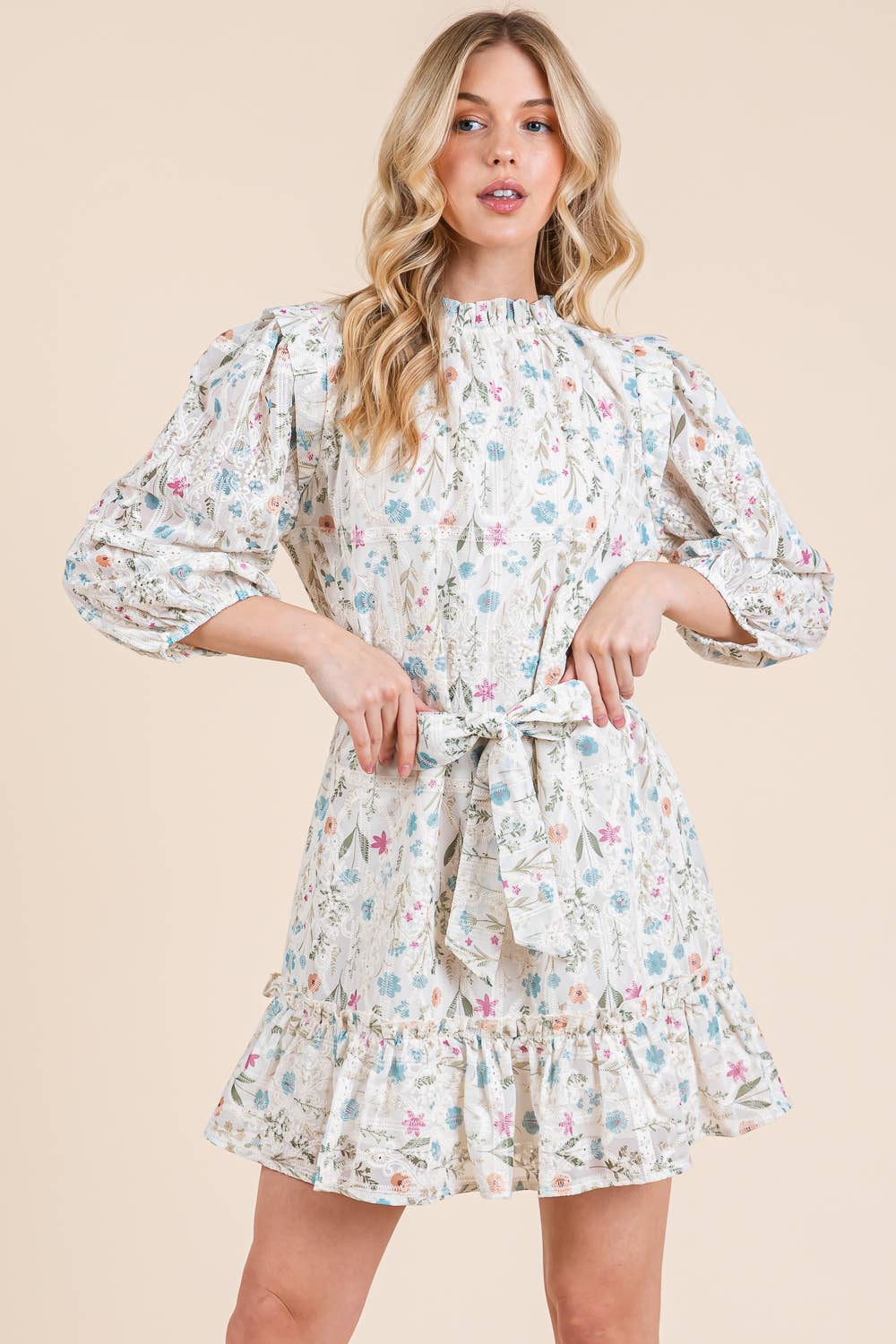 Elisa Floral Eyelet Lace Belted Mini DressIvory Multi