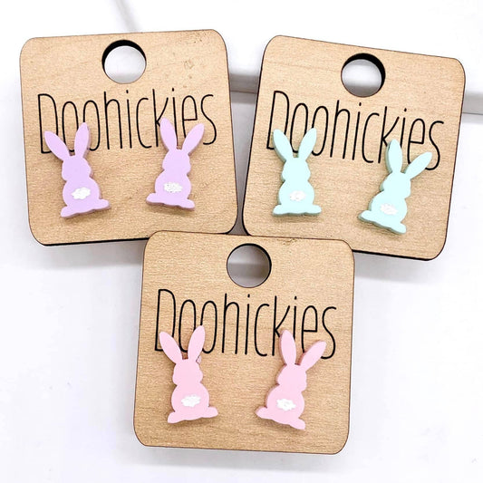 16mm Pastel Bunnies with White Tails Acrylic Studs - Easter Earrings: Pink