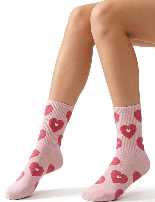 Ladies Valentine's Heart Pattern Knit Midi Calf Socks: Pink / One Size