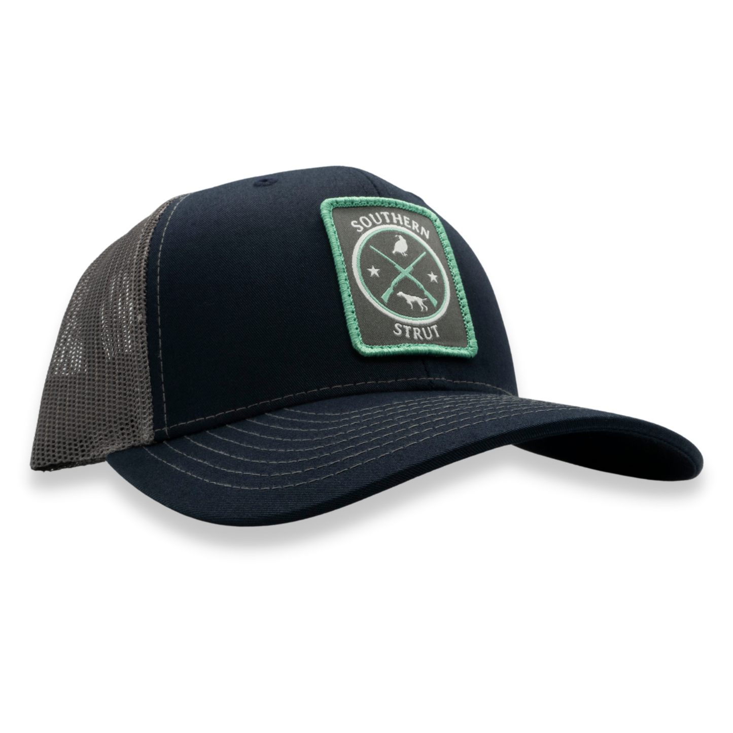 Quail & Pointer Woven Patch Trucker Hat: Heather Grey / White