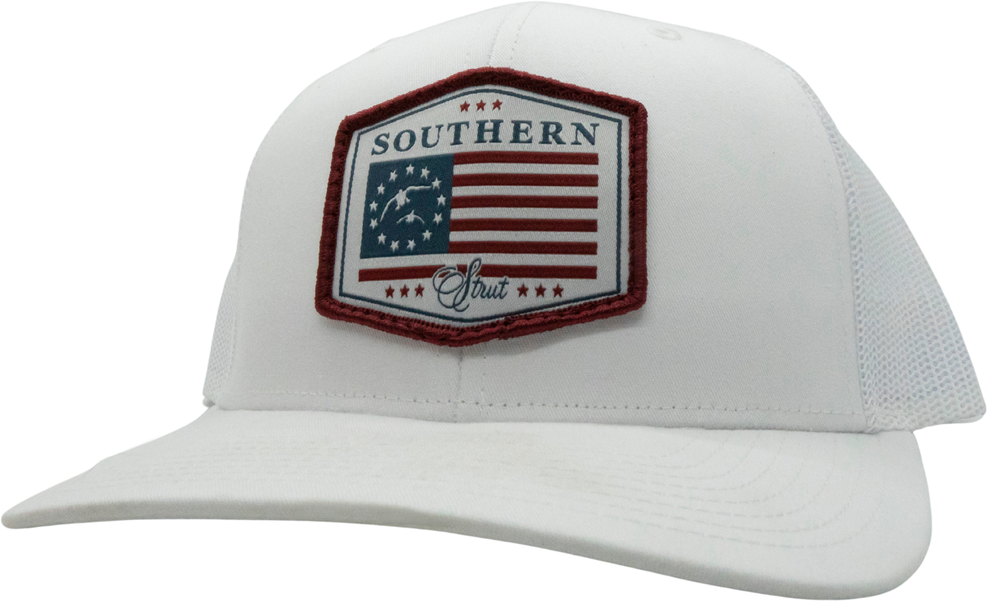 USA Duck Flag Woven Patch Trucker Hat: Khaki/White