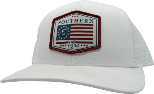 USA Duck Flag Woven Patch Trucker Hat: Khaki/White