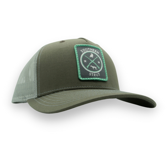 Quail & Pointer Woven Patch Trucker Hat: Heather Grey / White