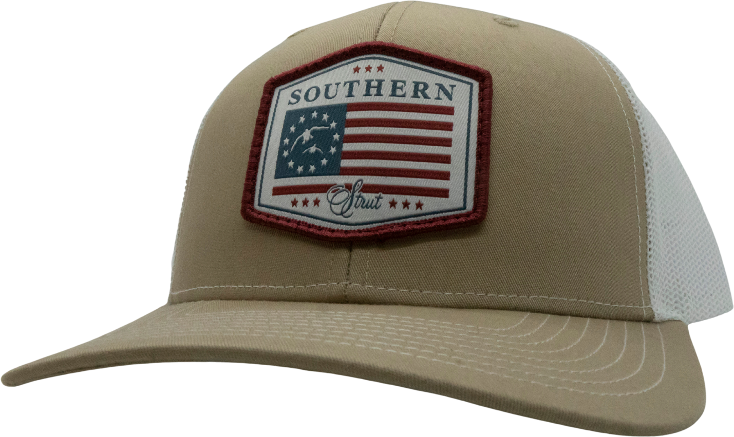 USA Duck Flag Woven Patch Trucker Hat: Khaki/White