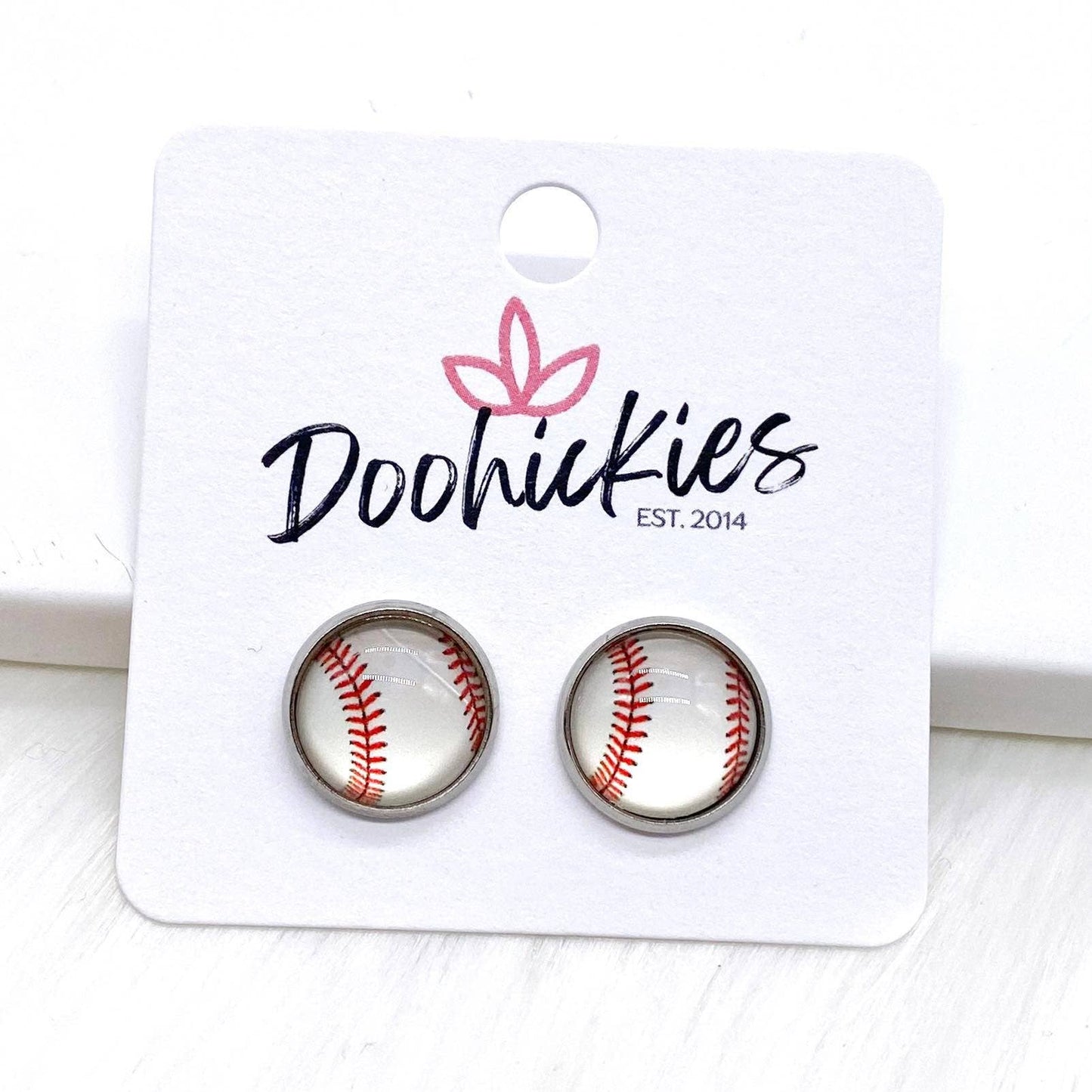 Vintage Baseball in Stainless Steel Settings -Sports Earring: 8mm
