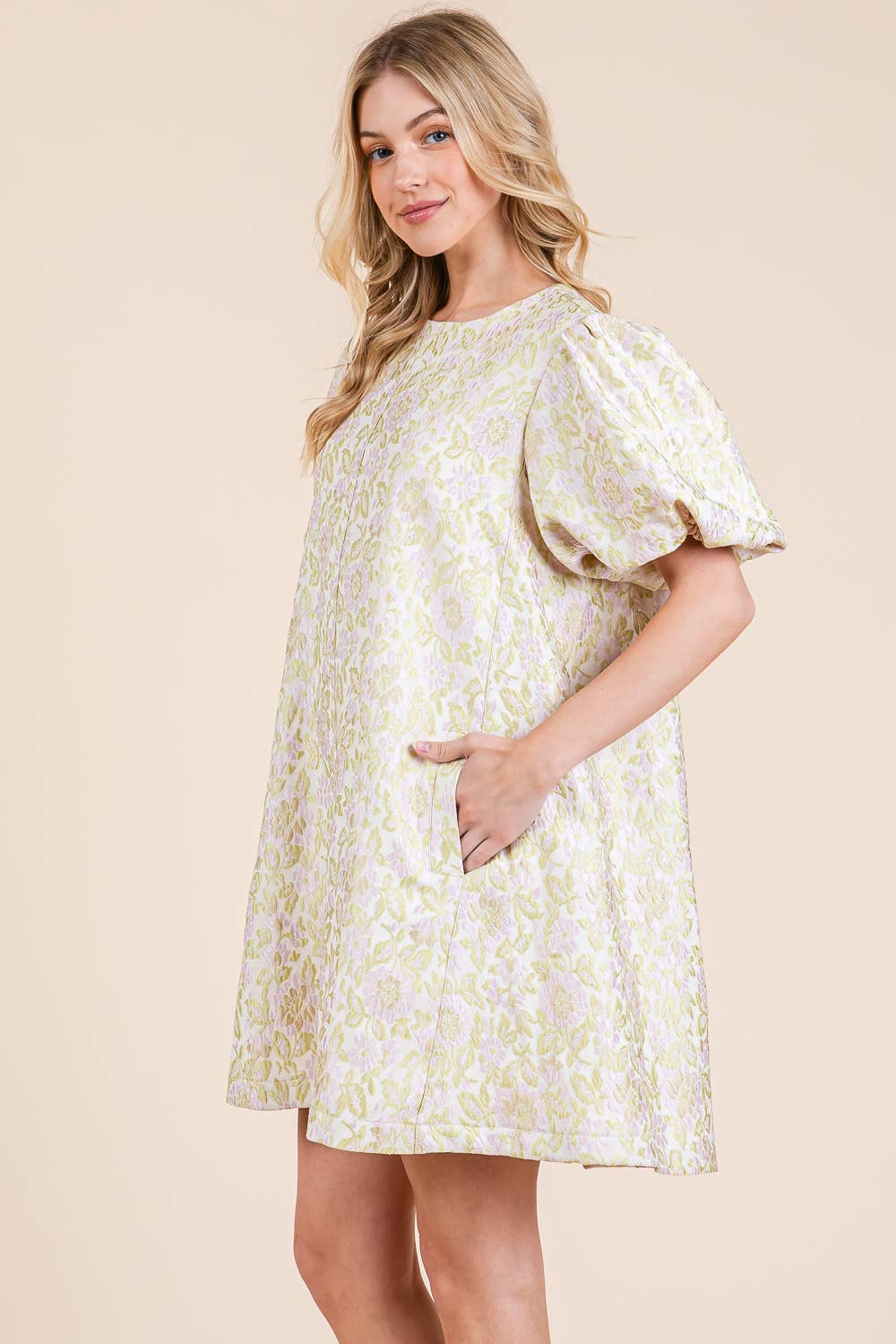 Classy girl Floral Textured Casual Mini Dress Lime Green