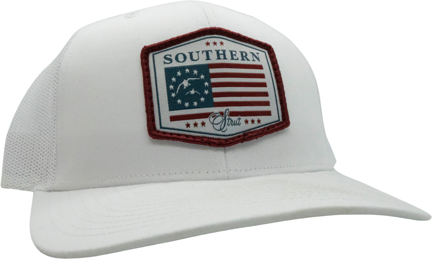 USA Duck Flag Woven Patch Trucker Hat: Khaki/White