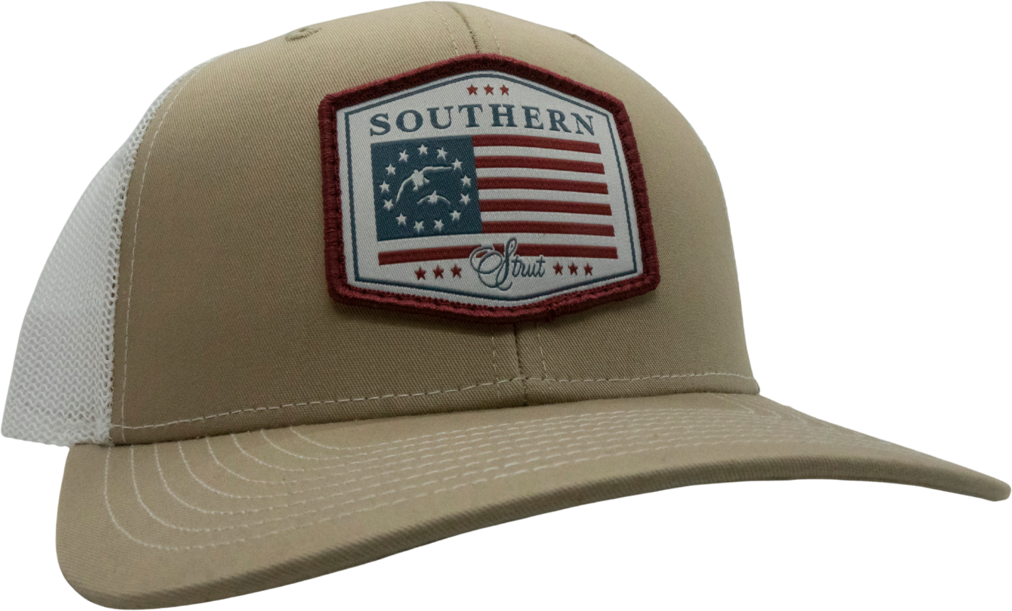 USA Duck Flag Woven Patch Trucker Hat: Khaki/White