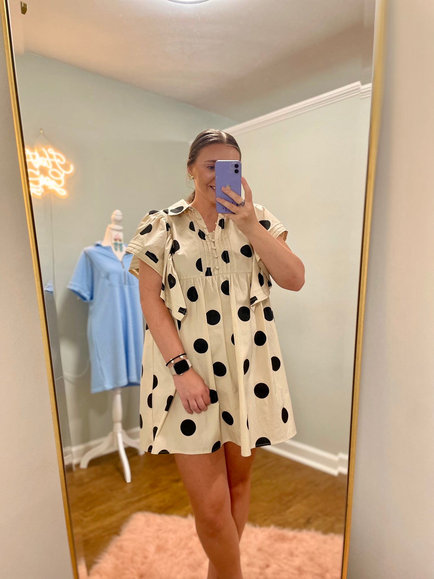 Lottie, Dot Print Button Dress, Ivory/Black