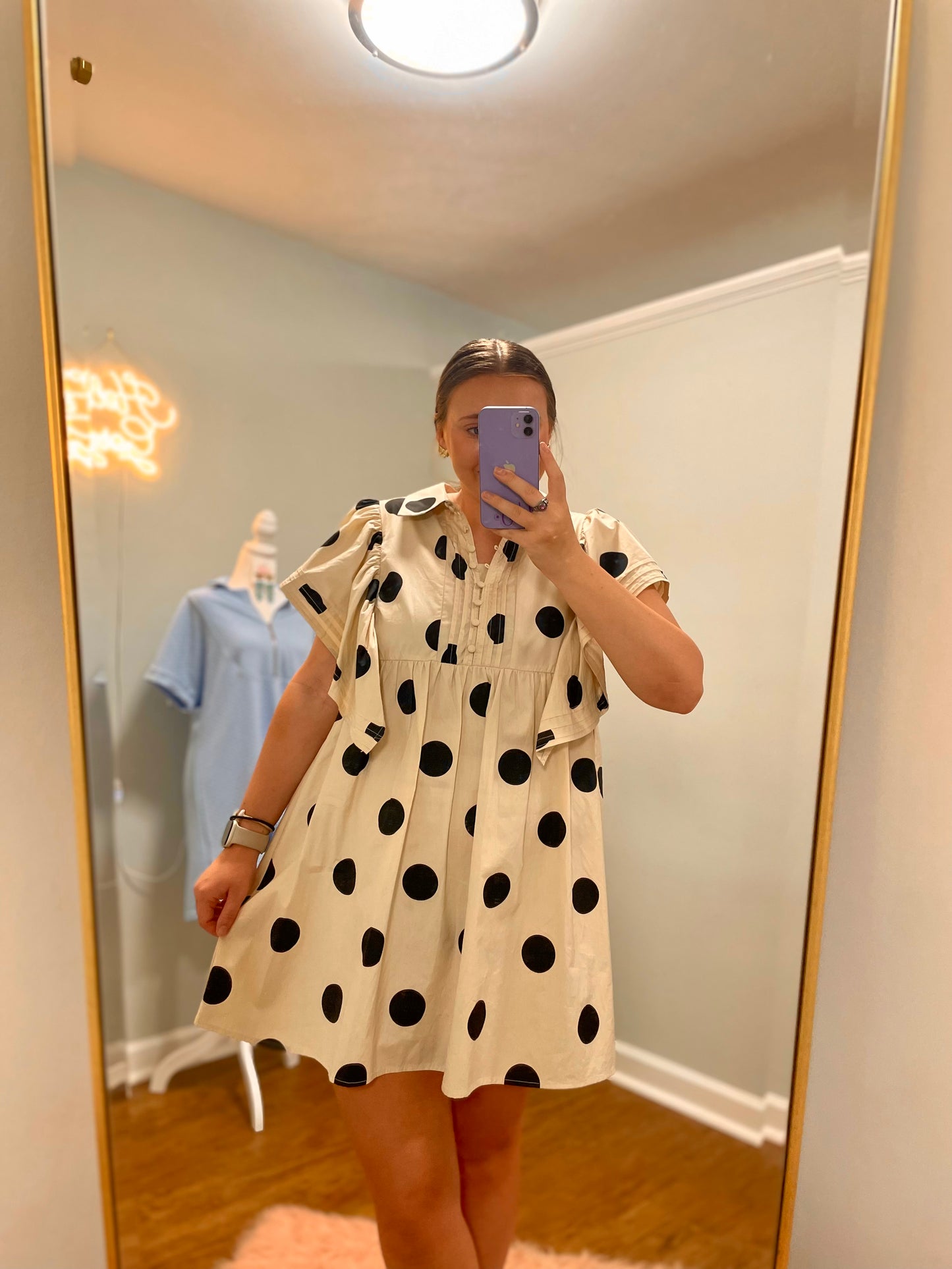 Lottie, Dot Print Button Dress, Ivory/Black