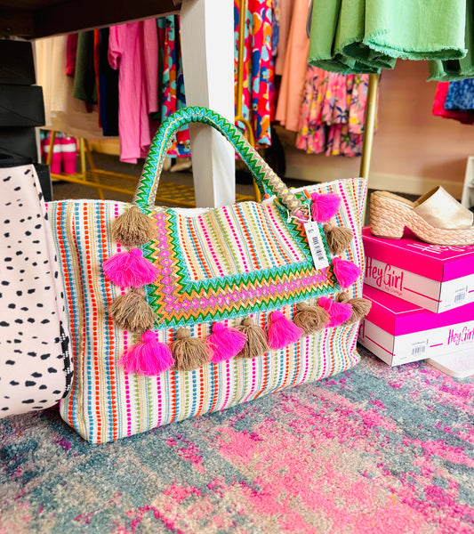 Weekender Bag, Pink Tassel Multi