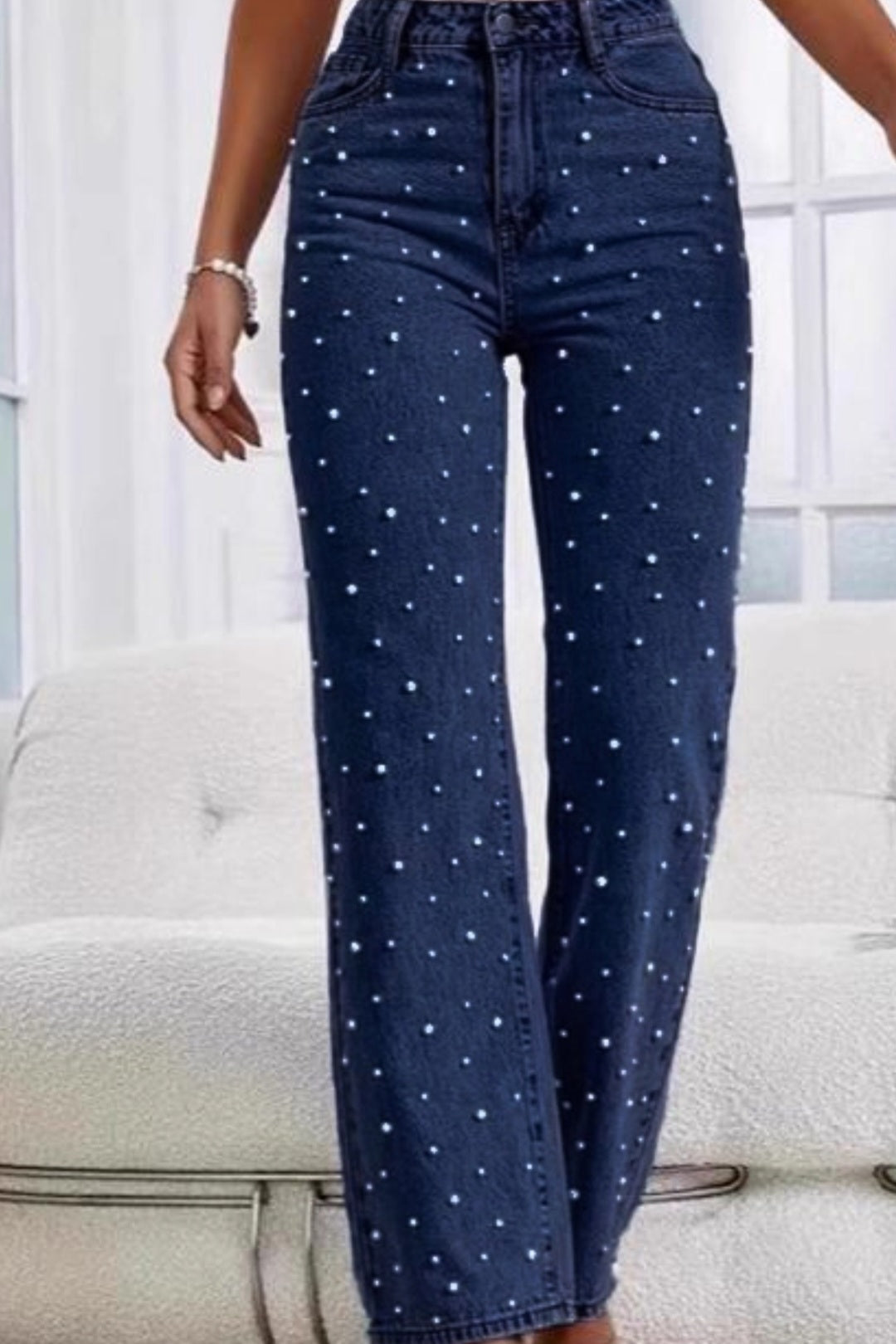 Trend Straight Pearled Wide-Leg Jeans: Navyblue