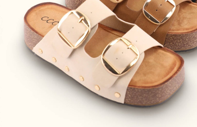 NANCY DOUBLE STRAPS WITH BOLD METAL BUCKLES PLATFORM SANDAL Bone