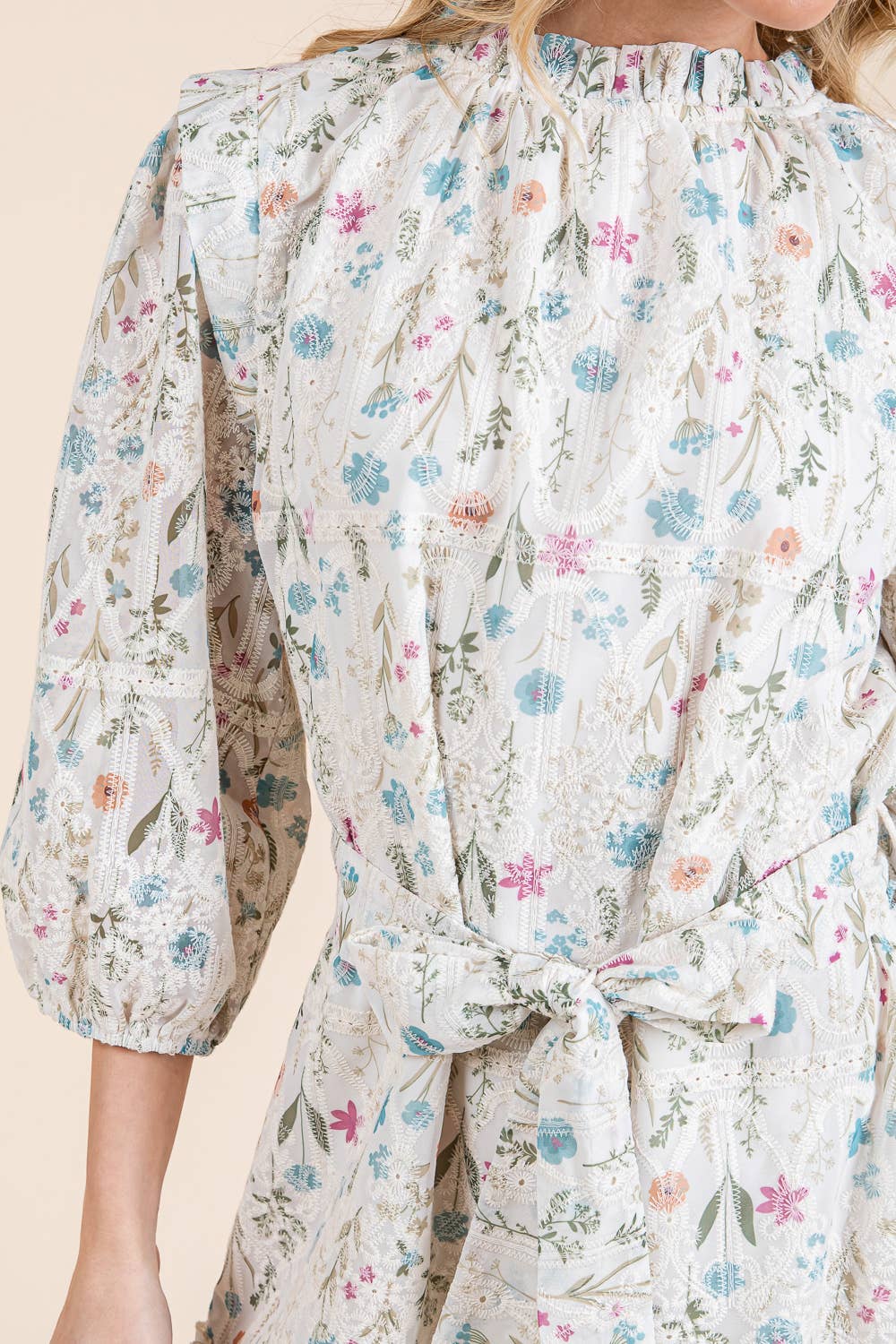 Elisa Floral Eyelet Lace Belted Mini DressIvory Multi