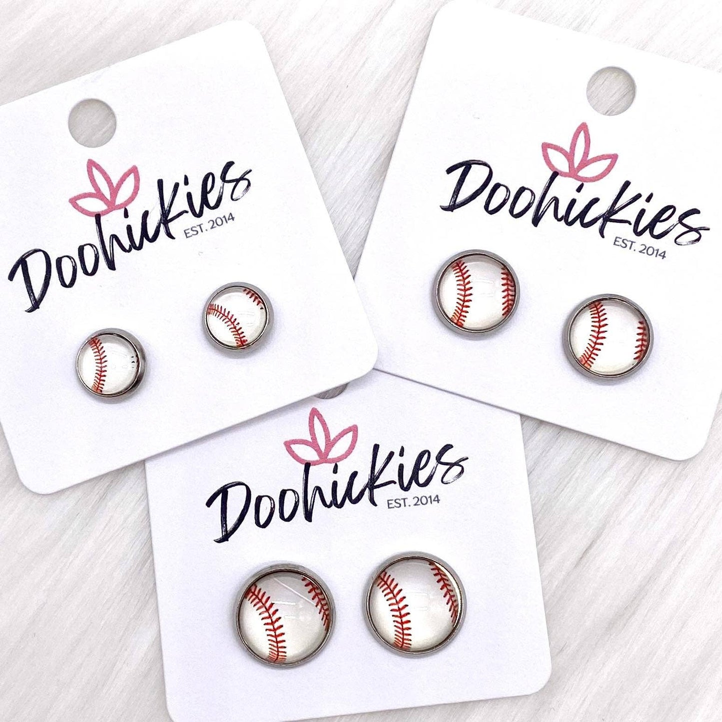 Vintage Baseball in Stainless Steel Settings -Sports Earring: 8mm
