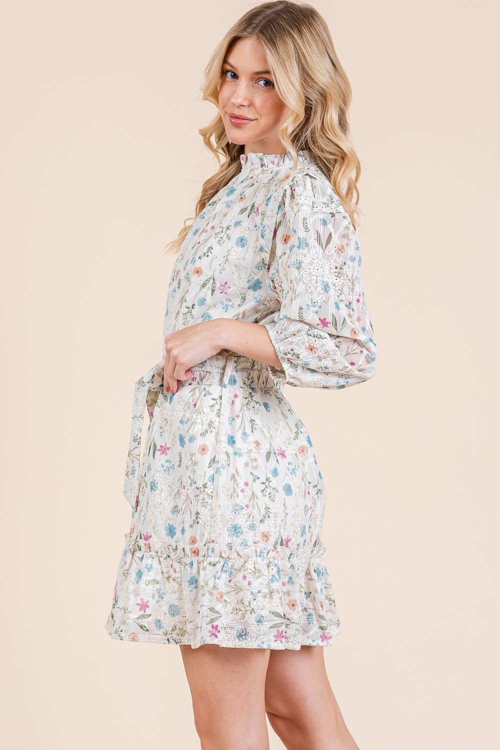 Elisa Floral Eyelet Lace Belted Mini DressIvory Multi