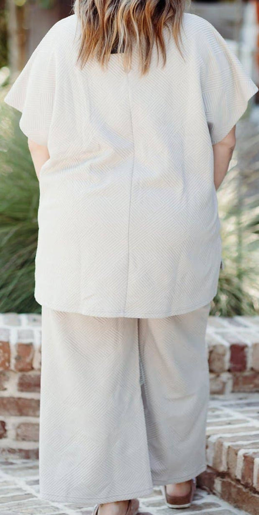 Casual cool Plus Size Textured Collared Top and Pants Set: Beige