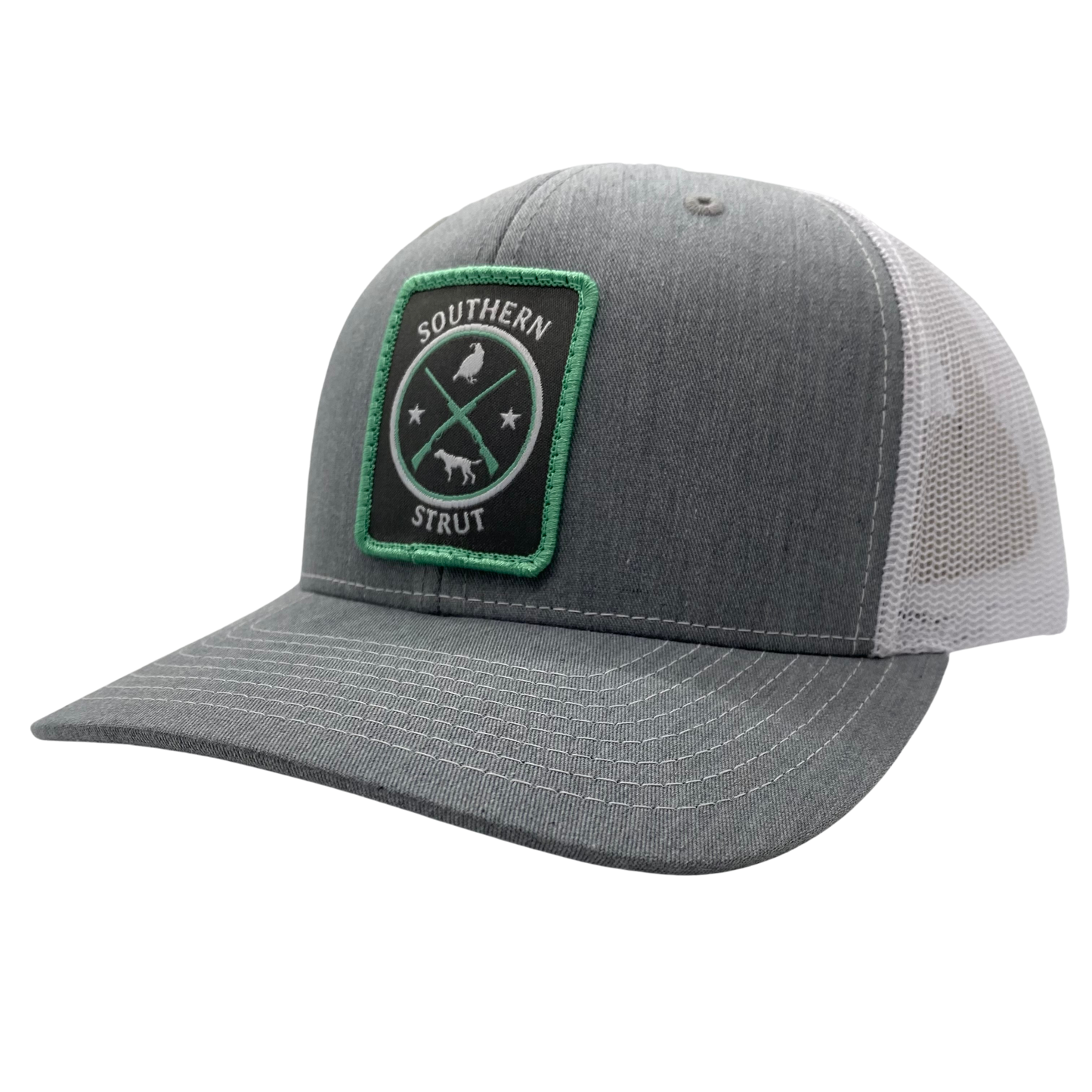 Quail & Pointer Woven Patch Trucker Hat: Heather Grey / White