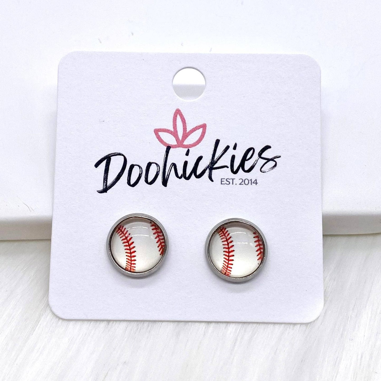 Vintage Baseball in Stainless Steel Settings -Sports Earring: 8mm
