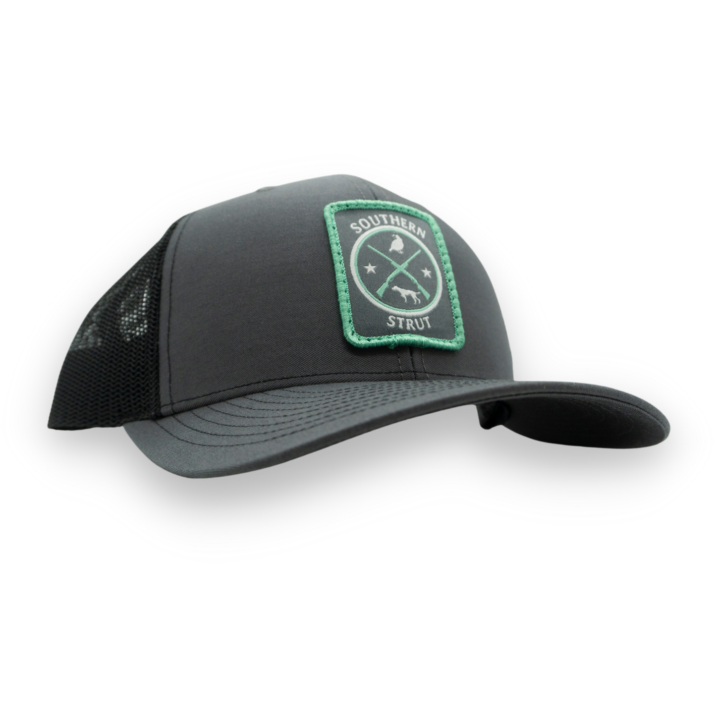 Quail & Pointer Woven Patch Trucker Hat: Heather Grey / White