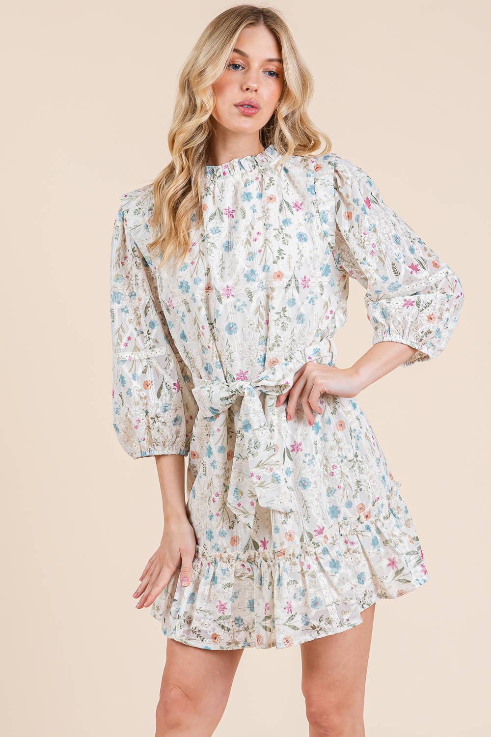 Elisa Floral Eyelet Lace Belted Mini DressIvory Multi