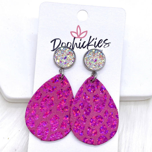 2" Crystal & Hot Pink Valentine Leopard Dangles -Earrings