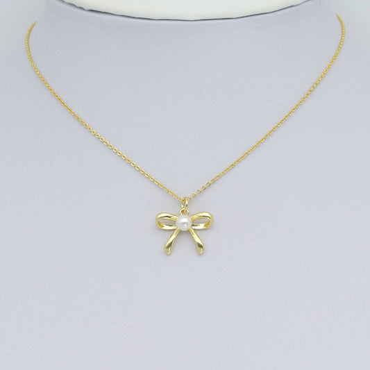 Gold White Pearl Bowknot Charm Pendant, Sku#LK963