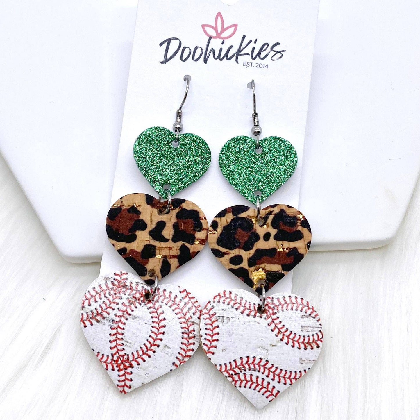 3" Custom Baseball Love Waterfall Drops -Sports Earrings: Green