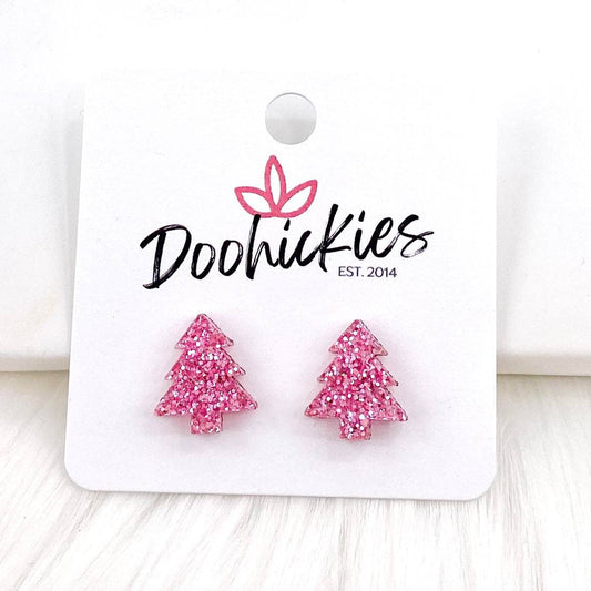 15mm Pinky Trees Studs -Christmas Earrings: Glittery Pink