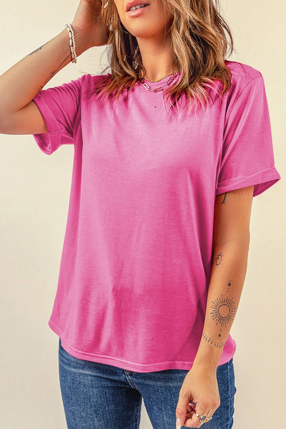 LDC Casual Plain Crew Neck Tee: Rose Red / 2XL