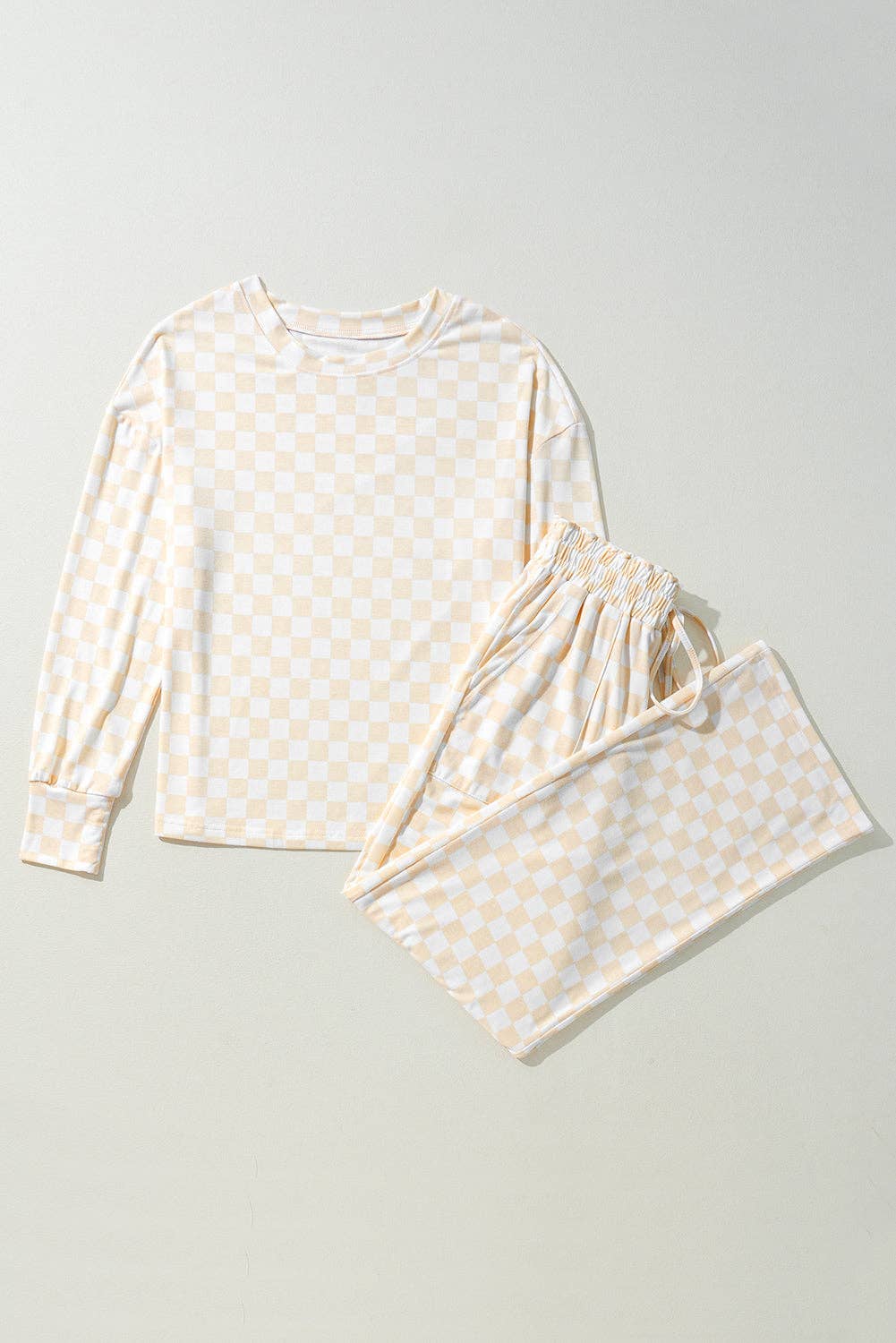 Checker Top and Pants Lounge Set: Beige