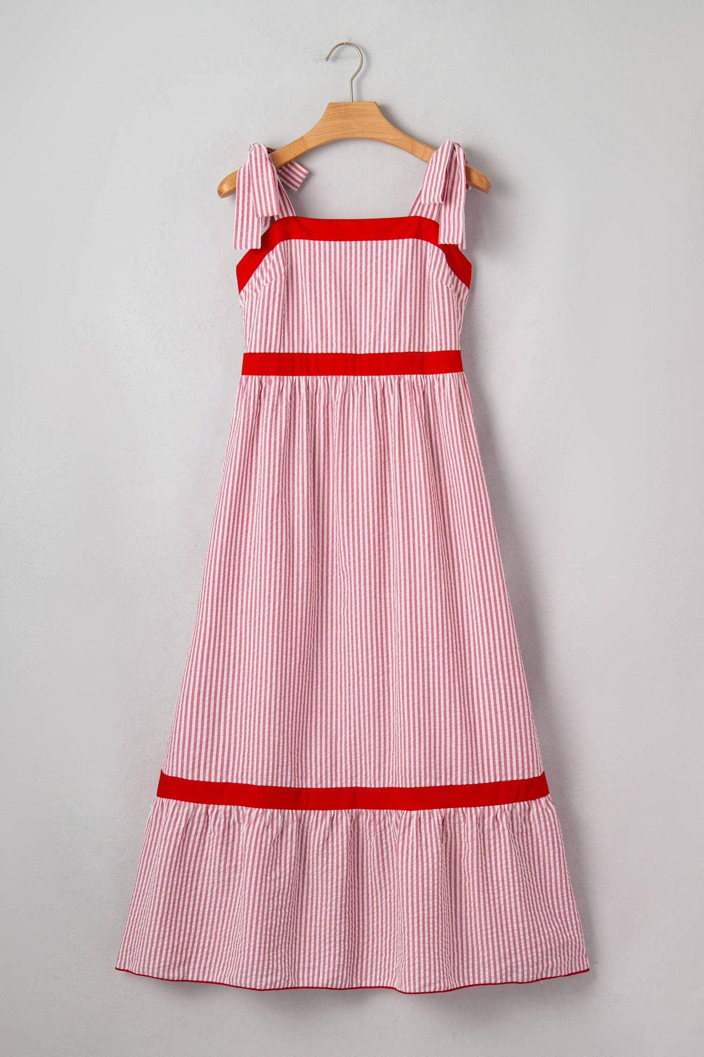 LAS Stripe Bow Knot Straps Ruffle Hem Maxi Dress (S-XL): Red Stripe / Missy / XL