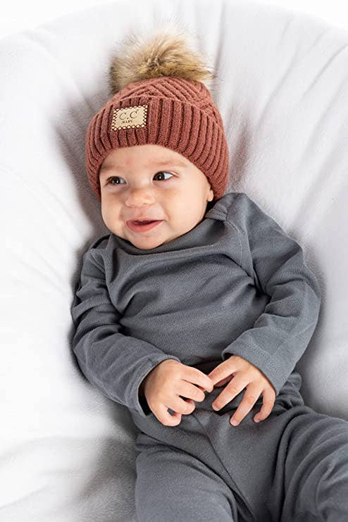 C.C Baby/Infant Pom Beanie - Brick (basketweave pattern)