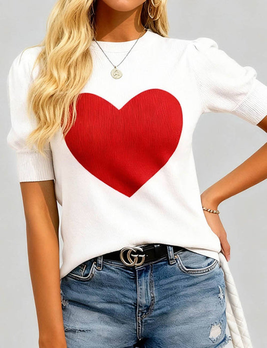 Cupid's pick Valentine's Rib Knit Heart Short Sleeves Sweater: White