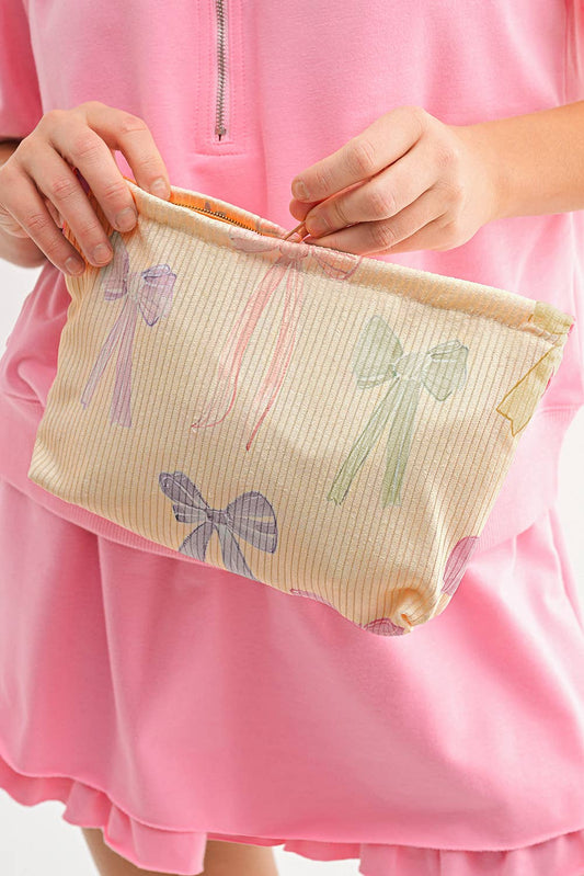 Bow Knot Zipper Corduroy Cosmetic Bag: As shown / Missy / Standard