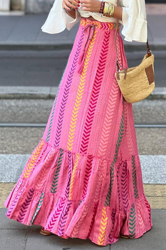 Boho Tassel Ruffle Maxi Skirt: Pink