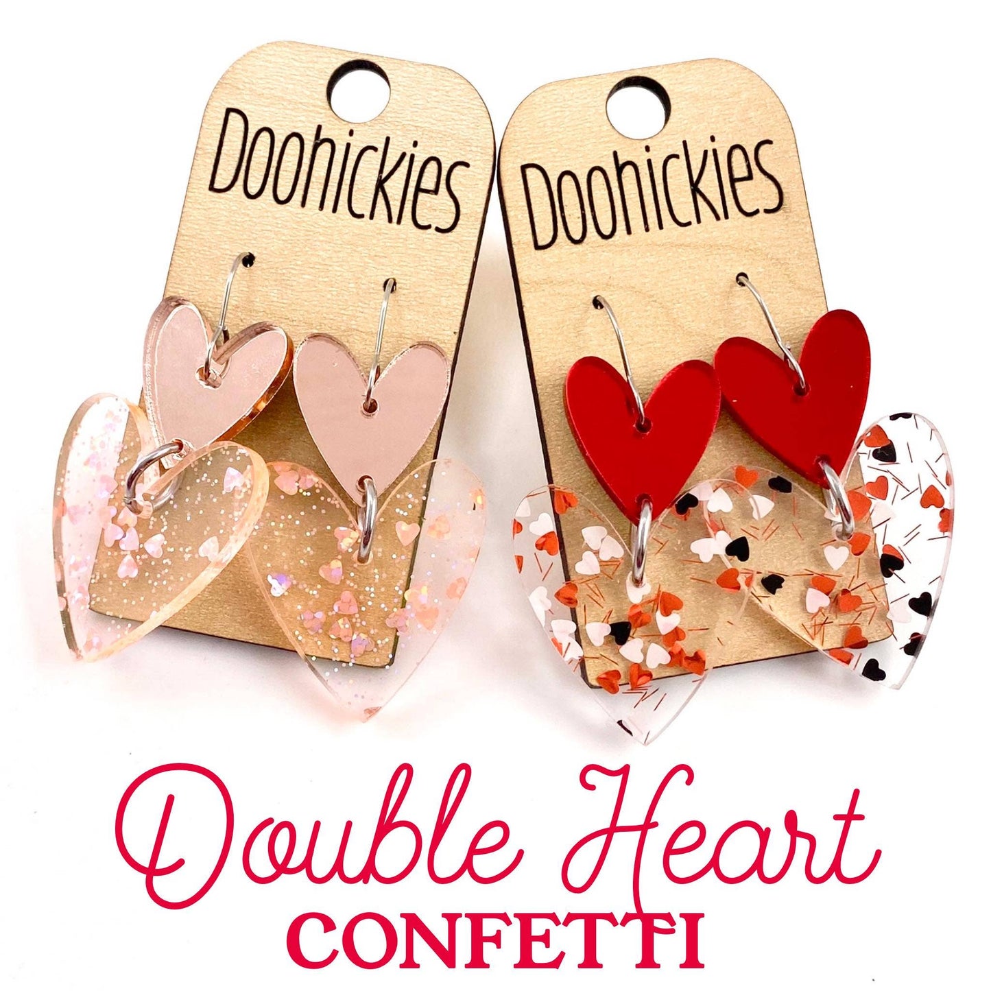 Double Heart Confetti Love Hearts - Valentines Acrylic Earrings: Red