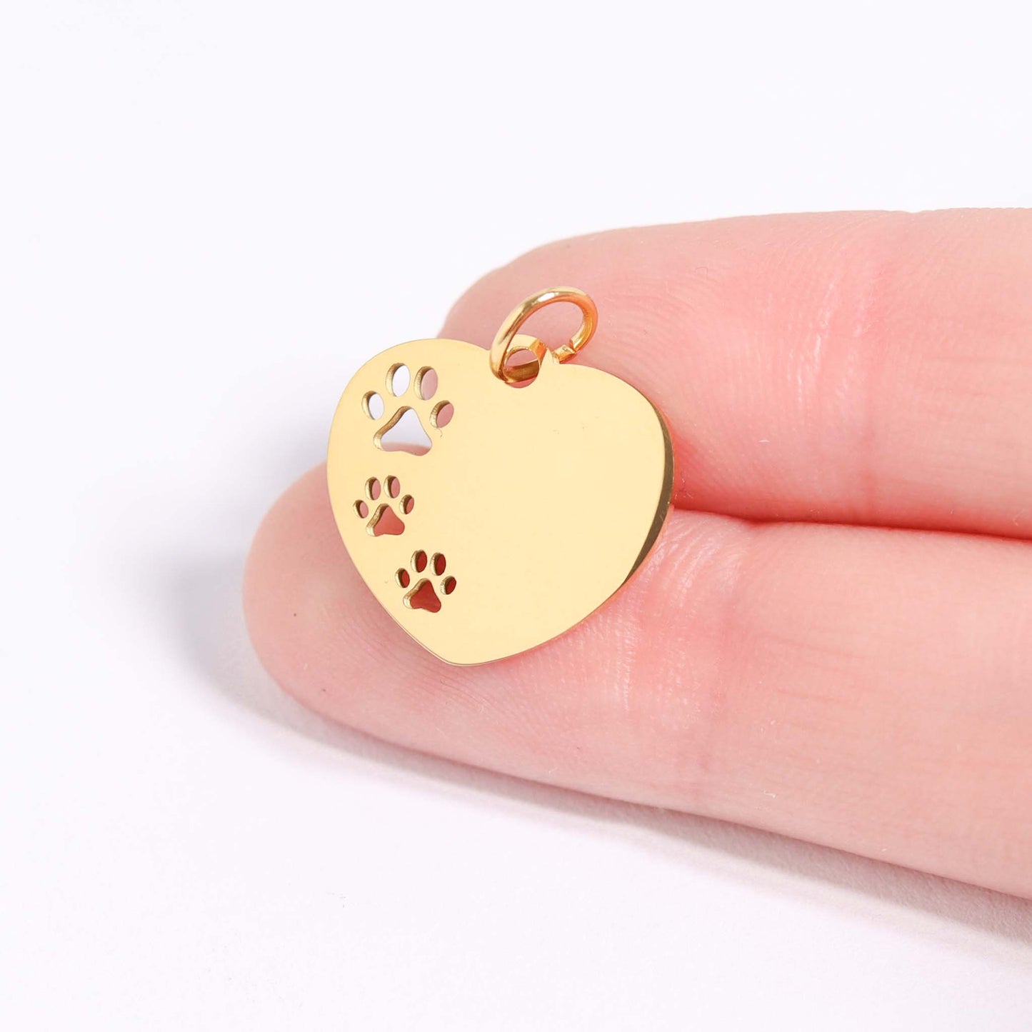 18K Gold PVD Stainless Steel Blank Paw Print Heart Charm: Gold