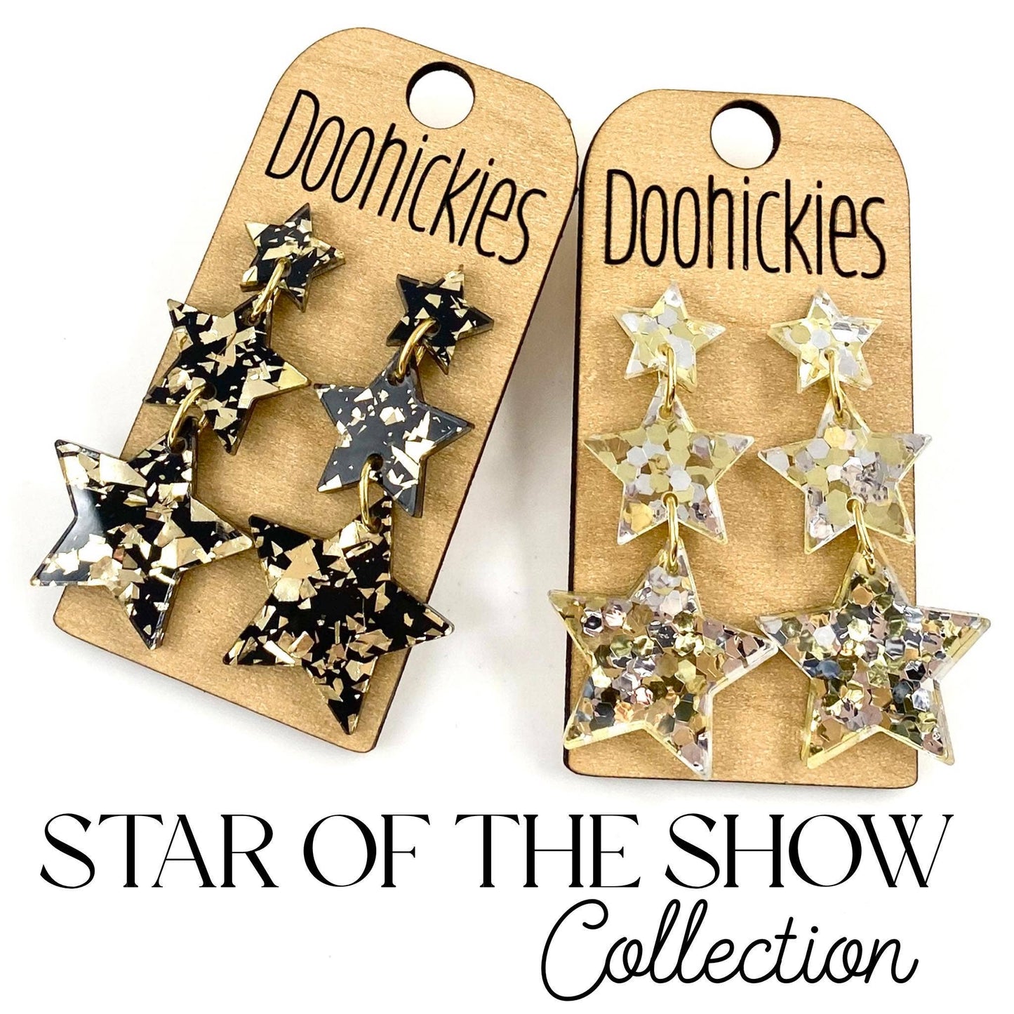 2.2" Star of the Show Waterfall Star Collection - New Years Acrylic Earrings: Black/Gold