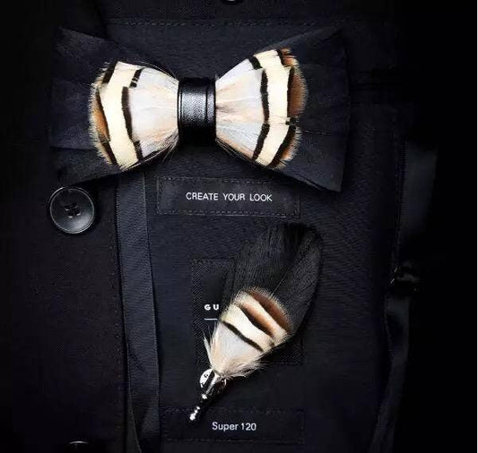 Handmade Wild Brown Feather Bow Tie W/free Lapel Pin Set