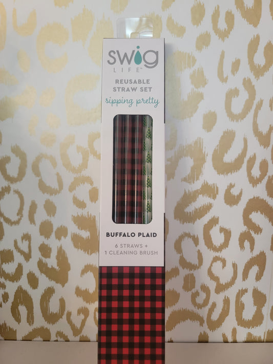 Buffalo plaid and trees straws