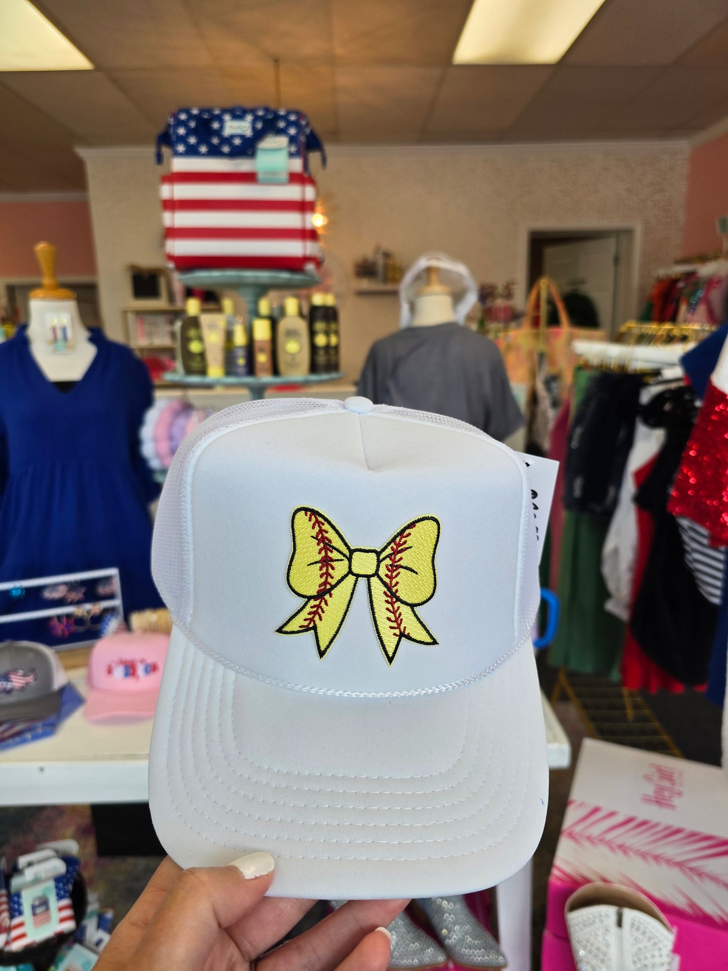 Softball bow trucker hat white