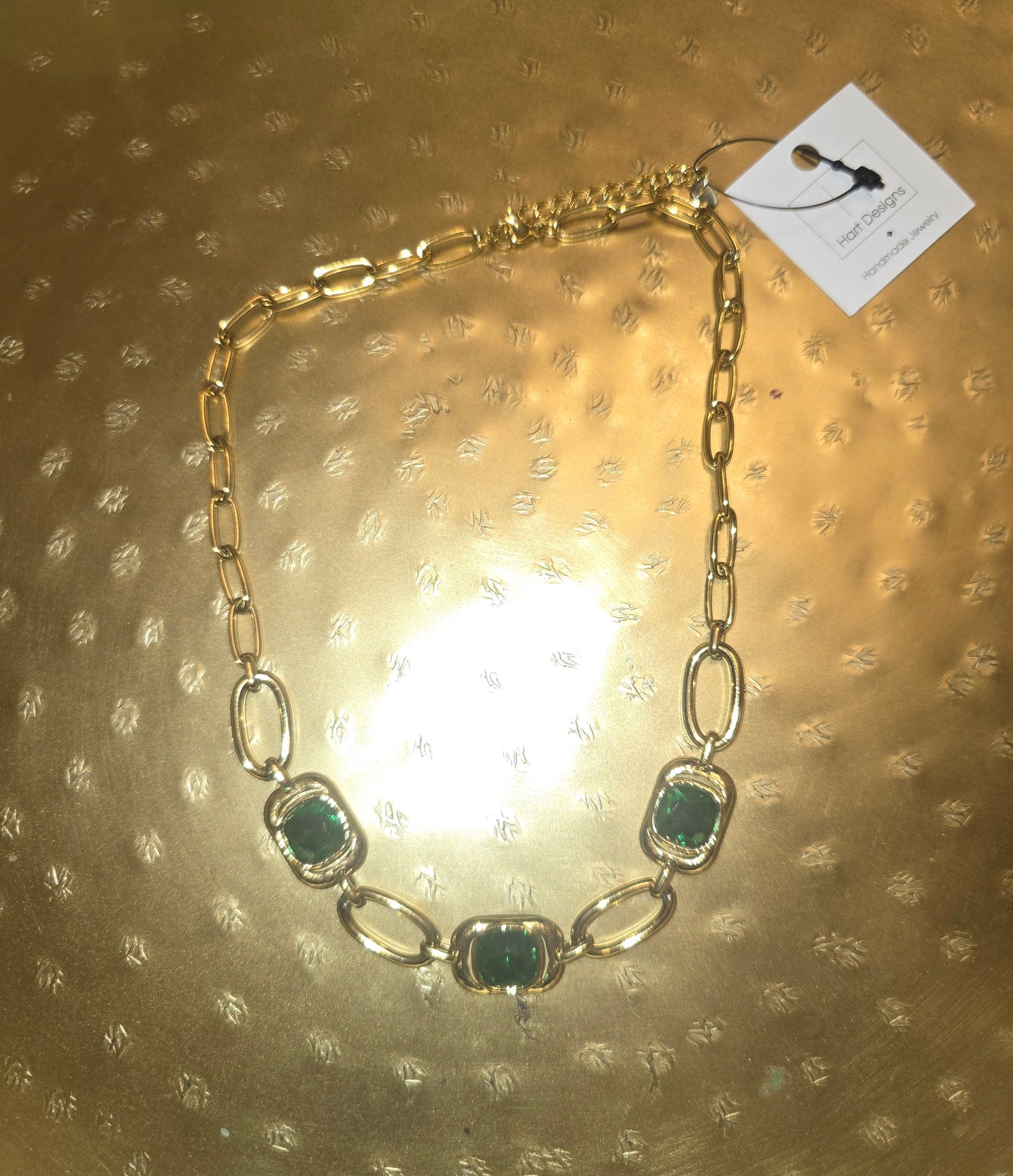 Emerald and gold square chain necklace