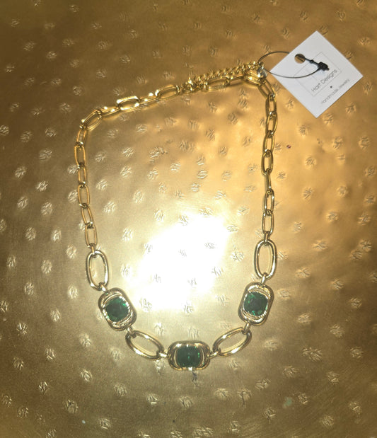Emerald and gold square chain necklace