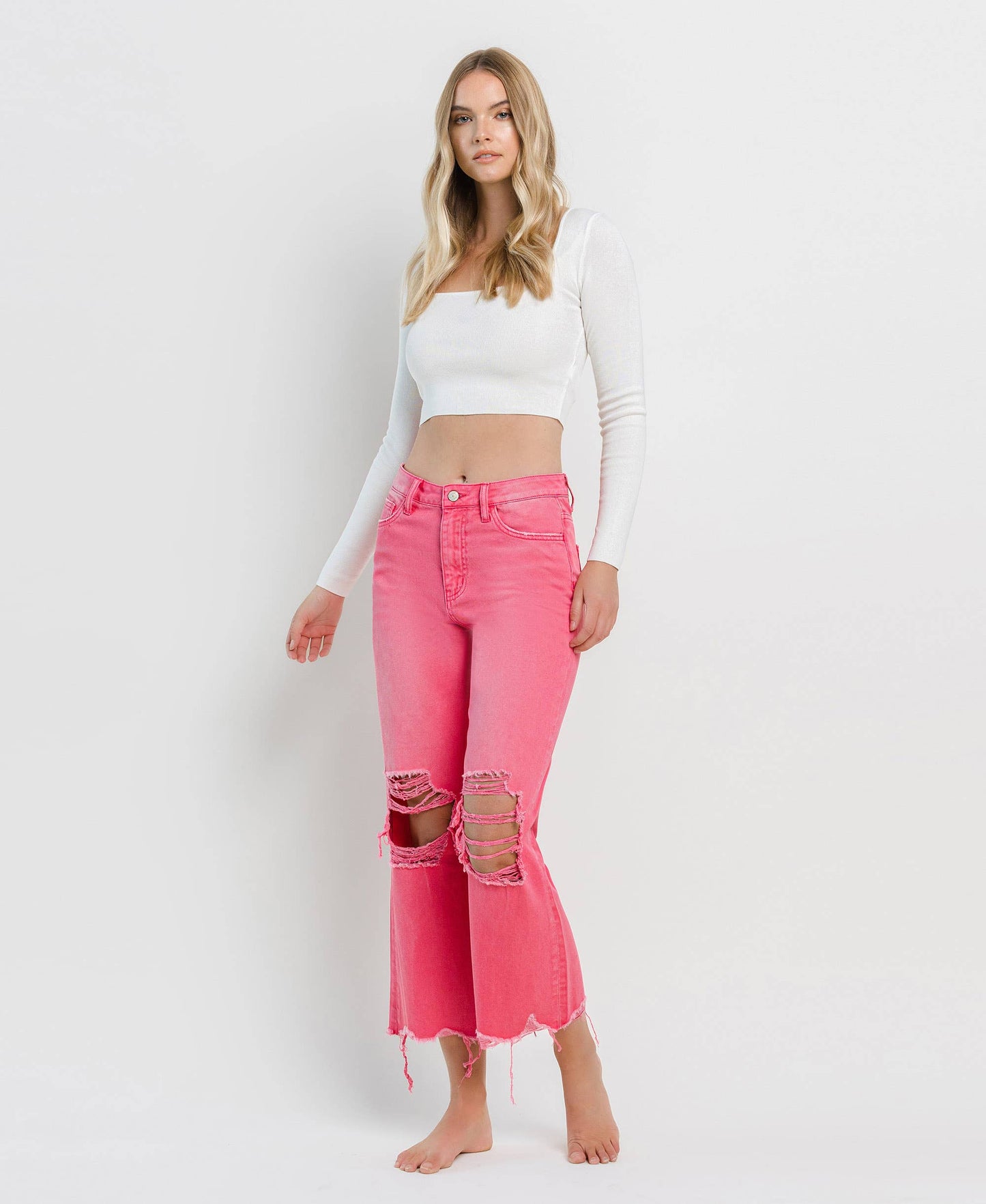 90'S VINTAGE SUPER HIGH RISE CROP FLARE JEANS V2736HP: HOT PINK / 32