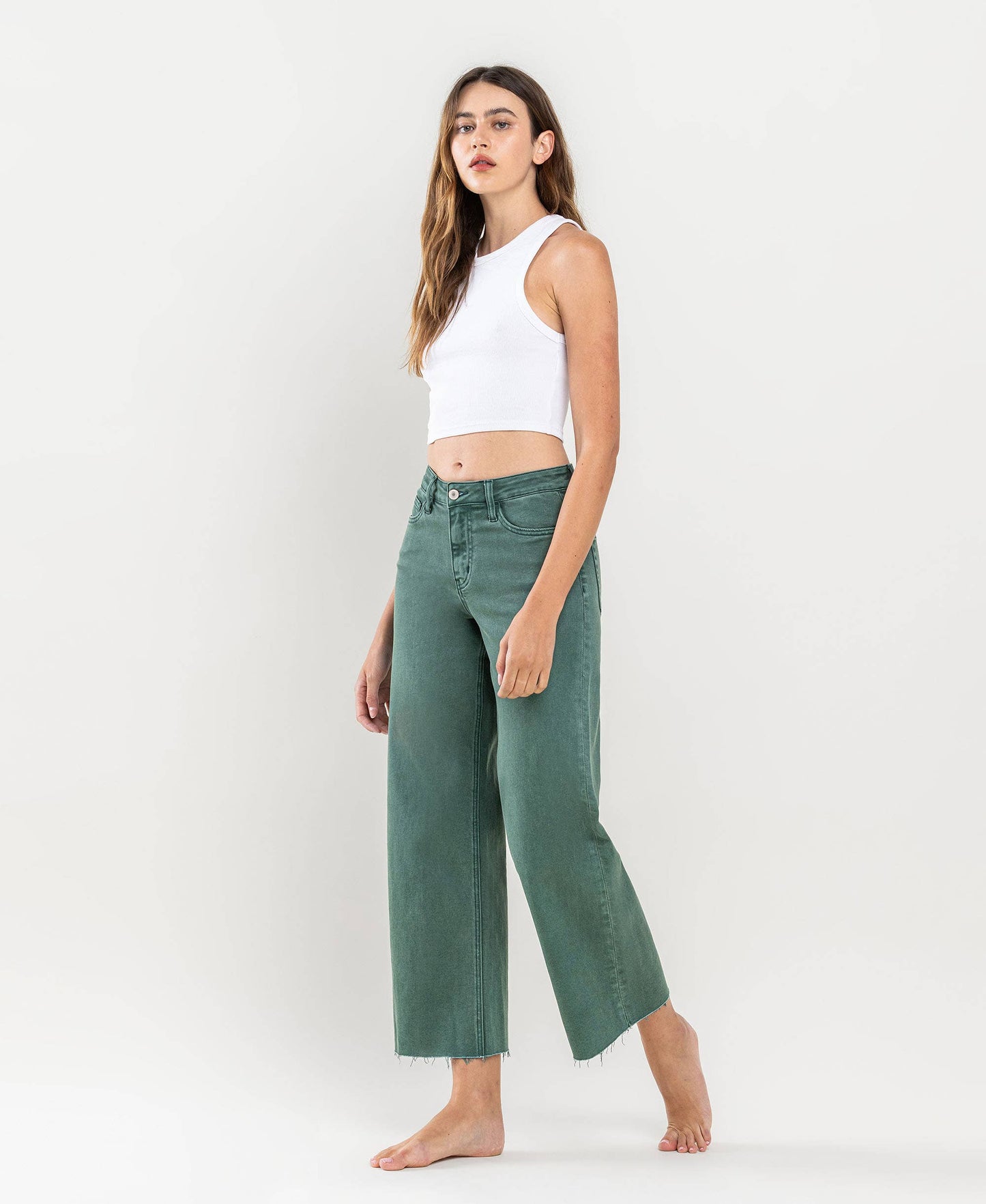 HIGH RISE CROP WIDE LEG JEANS the Leslie by vervet in MALLARD GREEN / 32